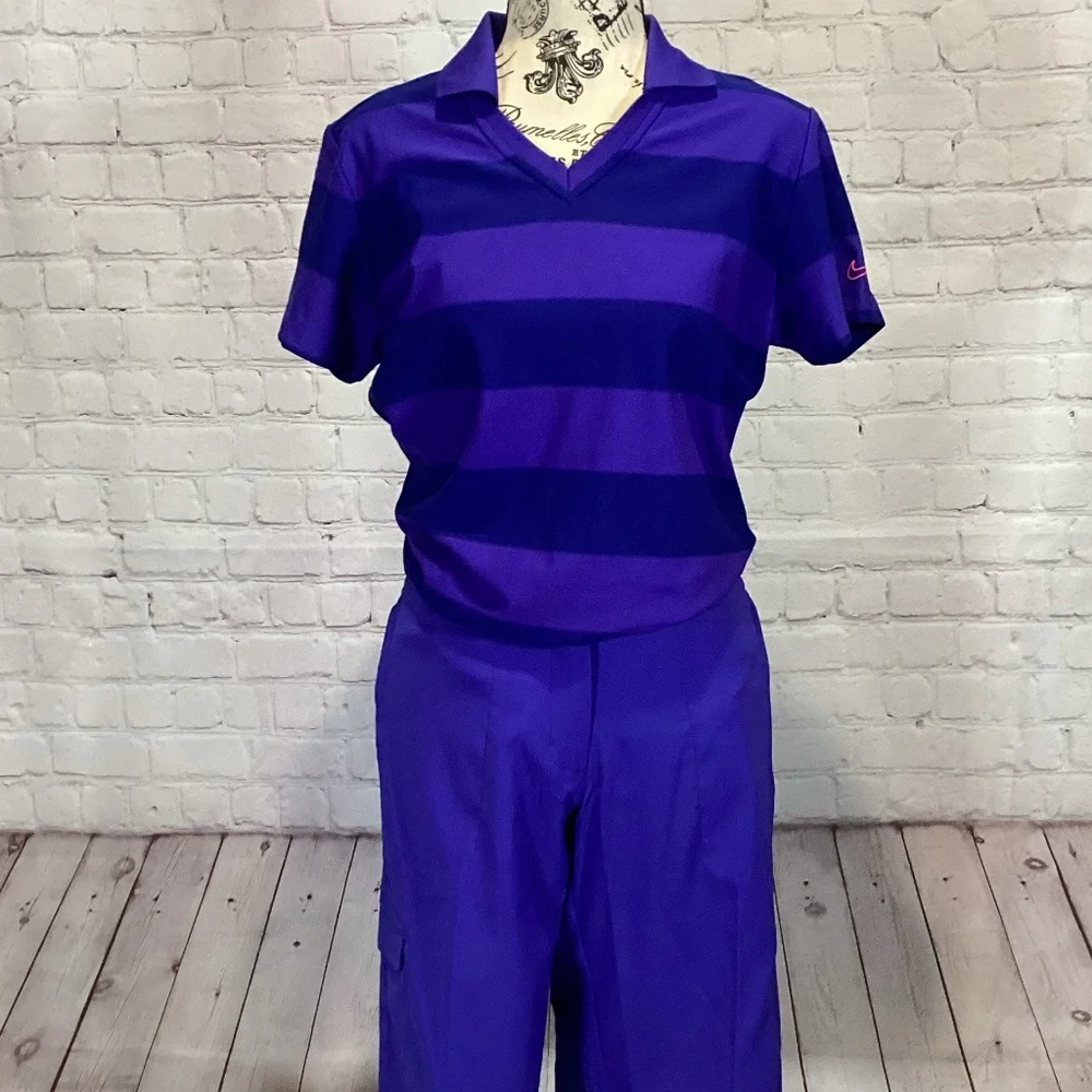 722. Nike Golf Purple Striped Dri-Fit Polo EUC Size M